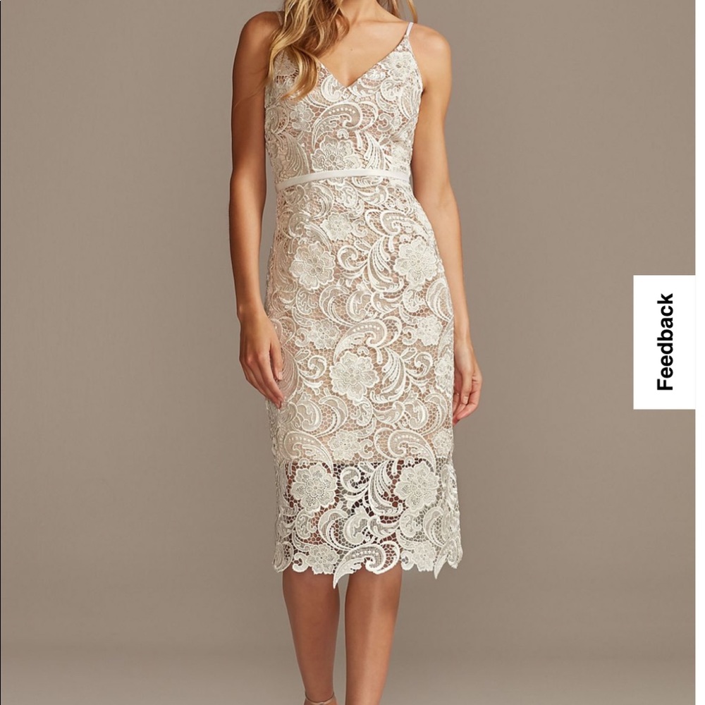 Crochet lace overlay midi spaghetti strap dress. David’s Bridal paid $140